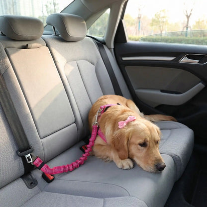Ceinture-de-sécurite-chien en nylon rose avec clip pour l'attache- un Golden retriever couché sur les sièges arrières attaché par le harnais à la ceinture de sécurité extensible clipser dans le bloc