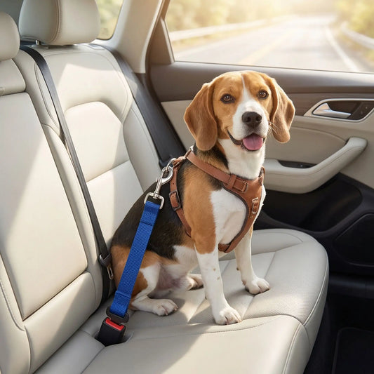 Ceinture-de-sécurite-chien en nylon bleu avec clip pour l'attache- un Beagle assis sur les sièges arrières attacher par le harnais à la ceinture de sécurité clipser dans le bloc