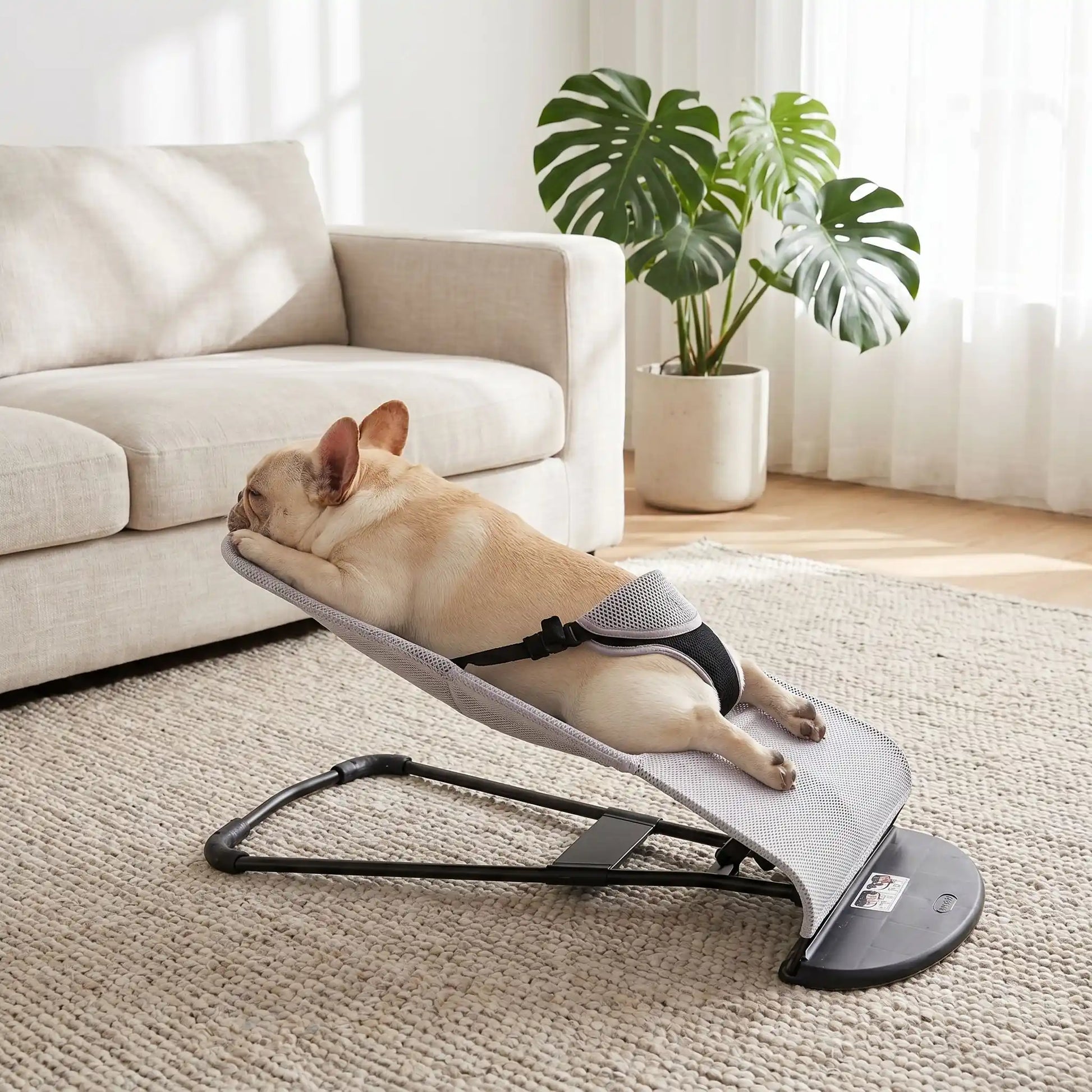 Chaise-a-bascule-pour-chien-anti-anxiété et anti-stress, pour petit  chien de 0 à 14 kilos max, structure en acier solide, housse en polyester respirant et lavable en machine, hamac avec harnais de sécurité et sangle à clips robuste, 3 poisitions de réglages pour bercer et apaiser le chiot ou le chien ou en mode lit-pliable, compact et léger qui apaise les chiot et chien anxieux ou trop energique-un chien de race moyenne qui dort sur le ventre, les pattes arrière sécurisé dans le harnais du hamac