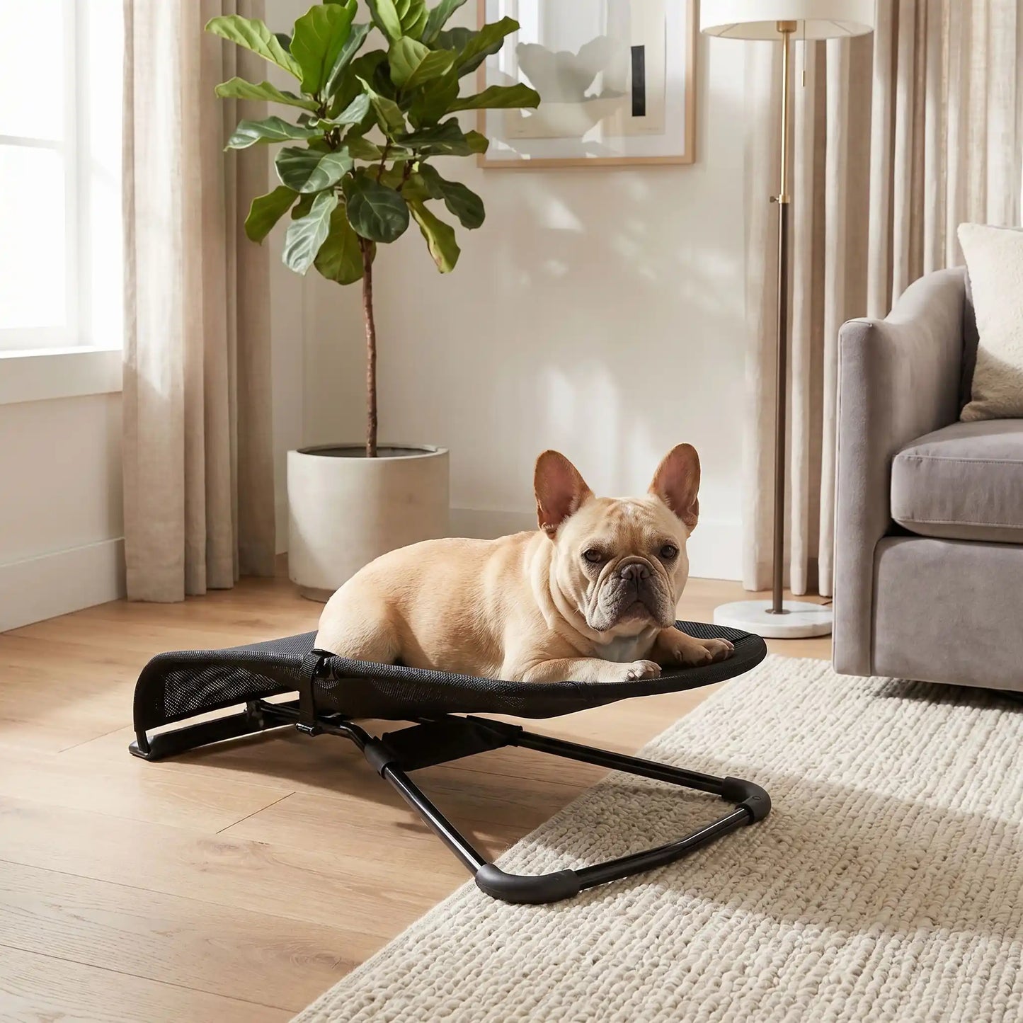 Chaise-a-bascule-pour-chien-anti-anxiété et anti-stress, pour petit  chien de 0 à 14 kilos max, structure en acier solide, housse en polyester respirant et lavable en machine, hamac avec harnais de sécurité et sangle à clips robuste, 3 poisitions de réglages pour bercer et apaiser le chiot ou le chien ou en mode lit-pliable, compact et léger qui apaise les chiot et chien anxieux ou trop energique-un chien moyen couché confortablement sur sa chaise à bascule ergonomique sur le réglage mode lit surélevé