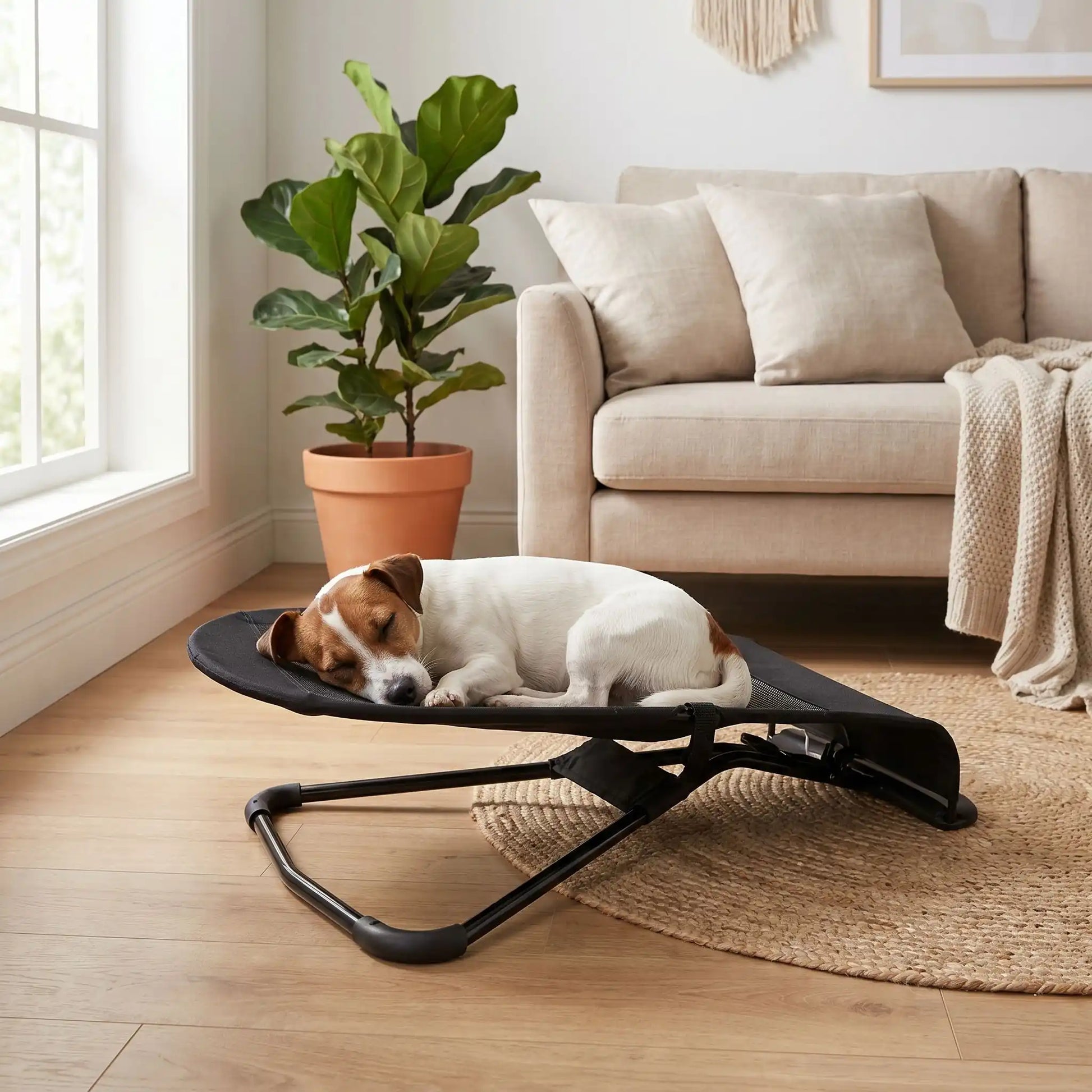 Chaise-a-bascule-pour-chien-anti-anxiété et anti-stress, pour petit  chien de 0 à 14 kilos max, structure en acier solide, housse en polyester respirant et lavable en machine, hamac avec harnais de sécurité et sangle à clips robuste, 3 poisitions de réglages pour bercer et apaiser le chiot ou le chien ou en mode lit-pliable, compact et léger qui apaise les chiot et chien anxieux ou trop energique-un petit chien qui dort paisiblement sur sa chaise à bascule ergonomique sur le réglage bercement léger