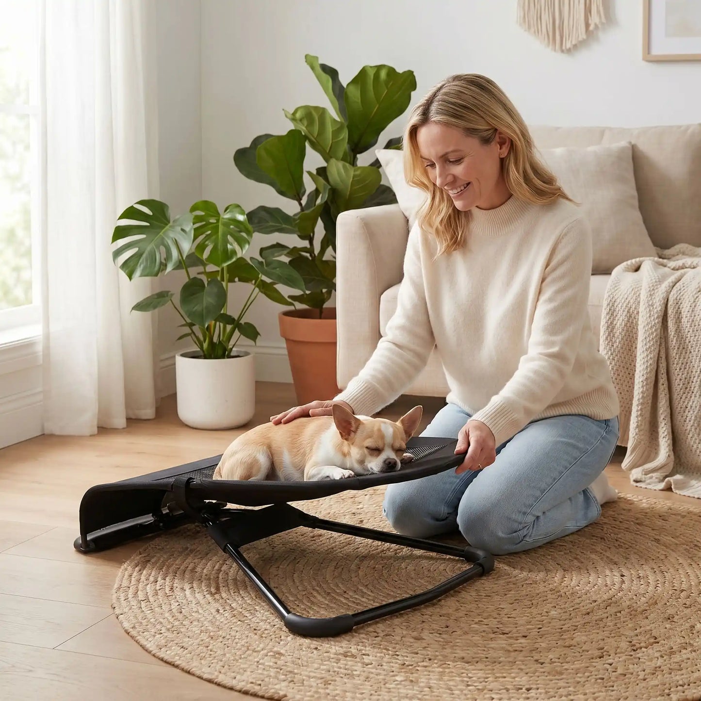 Chaise-a-bascule-pour-chien-anti-anxiété et anti-stress, pour petit  chien de 0 à 14 kilos max, structure en acier solide, housse en polyester respirant et lavable en machine, hamac avec harnais de sécurité et sangle à clips robuste, 3 poisitions de réglages pour bercer et apaiser le chiot ou le chien ou en mode lit-pliable, compact et léger qui apaise les chiot et chien anxieux ou trop energique-un chien nain caresser sur son hamac à bascule pendant que sa maitresse qui le berce doucement pour l'apaiser 