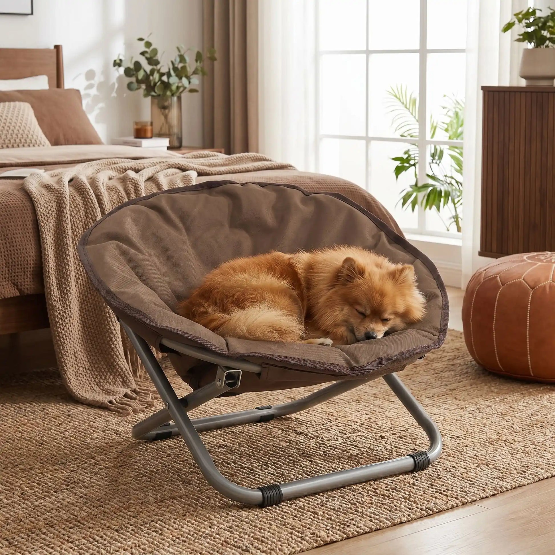 Chaise-pour-chien-chiot déhoussable et lavable, imperméable, structure design en acier robuste arrondie comme un cocon entourant avec deux hauteurs adaptables, pliable avec sa housse en nylon résistant aux griffes pour chiot et chien de 0 à 7 kilos-un chien de race naine à long poils qui dort paisiblement dans sa chaise ronde marron dans la chambre de la maison
