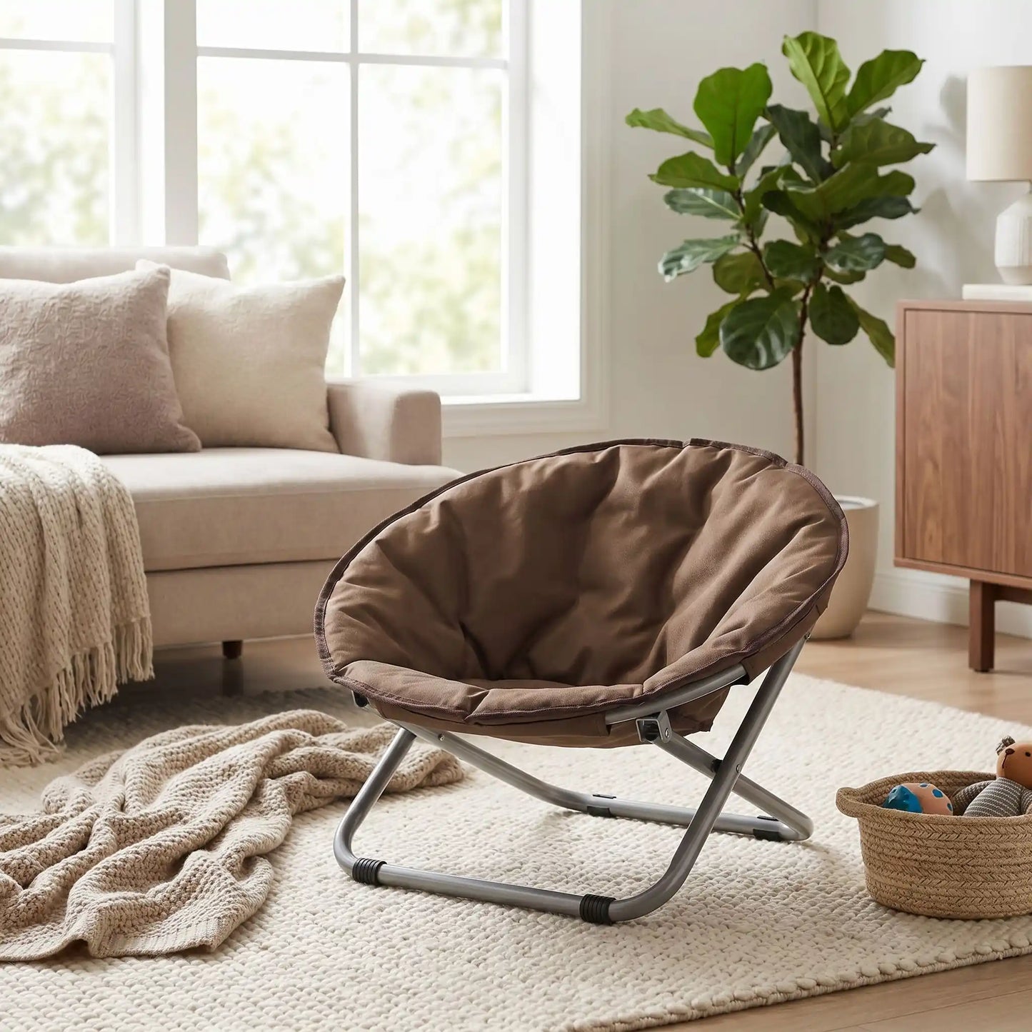 Chaise-pour-chien-chiot déhoussable et lavable, imperméable, structure design en acier robuste arrondie comme un cocon entourant avec deux hauteurs adaptables, pliable avec sa housse en nylon résistant aux griffes pour chiot et chien de 0 à 7 kilos-gros plan sur la chaise de couleur marron pour petit chien avec pliage en croix dans le salon de la maison