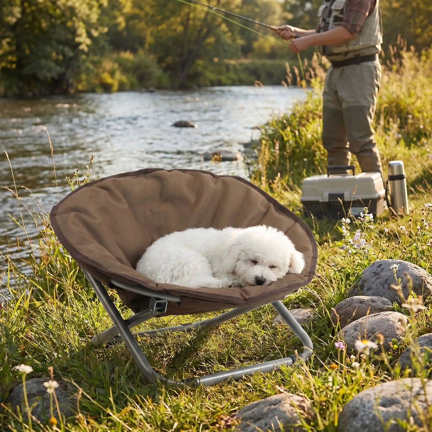 Chaise-pour-chien-chiot déhoussable et lavable, imperméable, structure design en acier robuste arrondie comme un cocon entourant avec deux hauteurs adaptables, pliable avec sa housse en nylon résistant aux griffes pour chiot et chien de 0 à 7 kilos-un chien de petite taille qui dort paisiblement dans sa chaise ronde sà côté de son maître qui pêche en rivière en été
