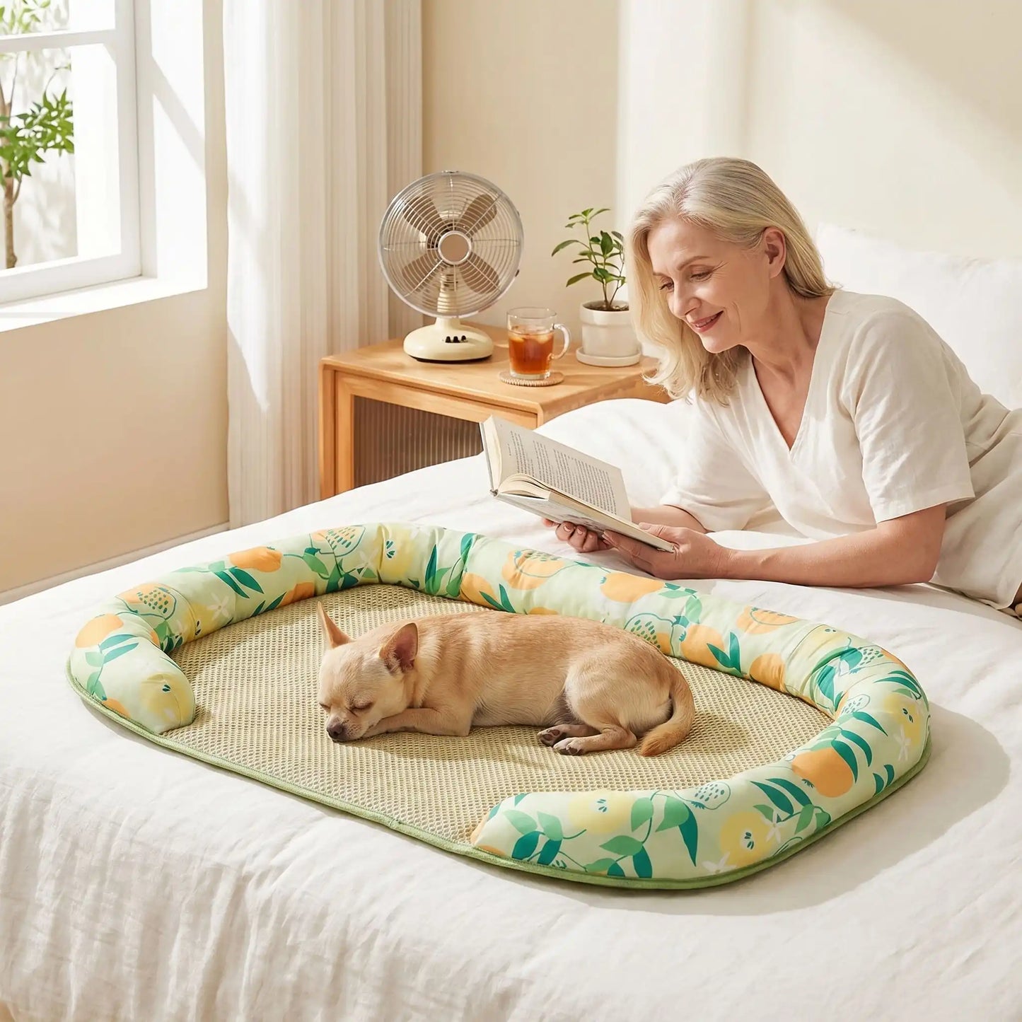 Chien-tapis-rafraichissant-coussin-apaisant avec rebord surélevé en U pour un effet entourant 100% coton haute densité, respirant , lavable et antidérapant, un effet rafraichissant immédiat sans eau ni électricité, sans danger pour les chiens de petites à moyenne tailles-un chihuahua qui dort apisiblement sur son tapis rafraichissant entouré par le traversin rembourré protecteur sur le lit à côté de sa maitresse allongé qui lit son livre dans la chambre de l'appartement en été