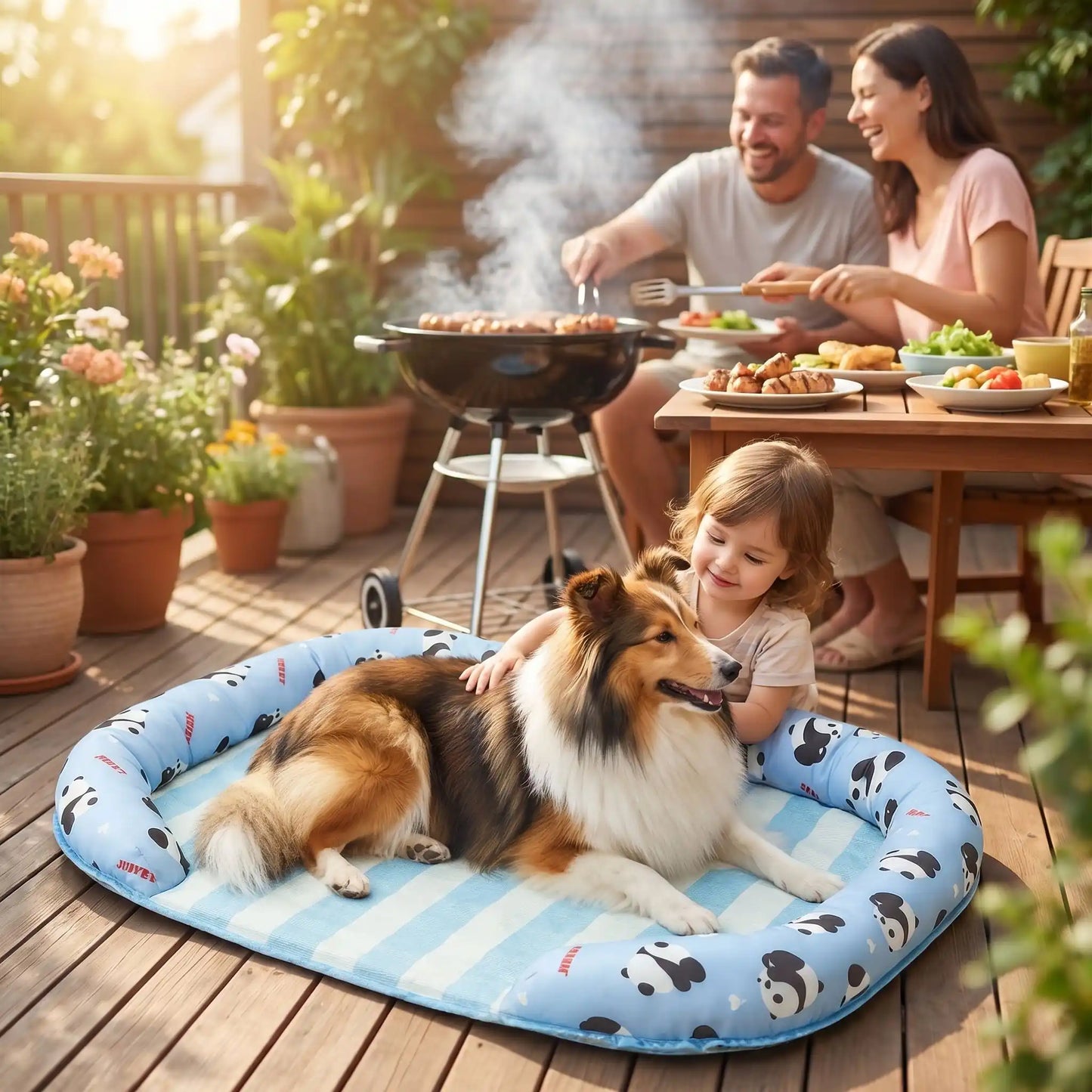 Chien-tapis-rafraichissant-coussin-apaisant avec rebord surélevé en U pour un effet entourant 100% coton haute densité, respirant , lavable et antidérapant, un effet rafraichissant immédiat sans eau ni électricité, sans danger pour les chiens de petites à moyenne tailles-un Berger des Shetland couché au frais sur son tapis rafraichissant sur le lit, entouré par le traversin rembourré protecteur, sur la terrasse de la location de vacances ou sa famille fait un barbecue à côté de lui