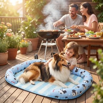Chien-tapis-rafraichissant-coussin-apaisant avec rebord surélevé en U pour un effet entourant 100% coton haute densité, respirant , lavable et antidérapant, un effet rafraichissant immédiat sans eau ni électricité, sans danger pour les chiens de petites à moyenne tailles-un Berger des Shetland couché au frais sur son tapis rafraichissant sur le lit, entouré par le traversin rembourré protecteur, sur la terrasse de la location de vacances ou sa famille fait un barbecue à côté de lui