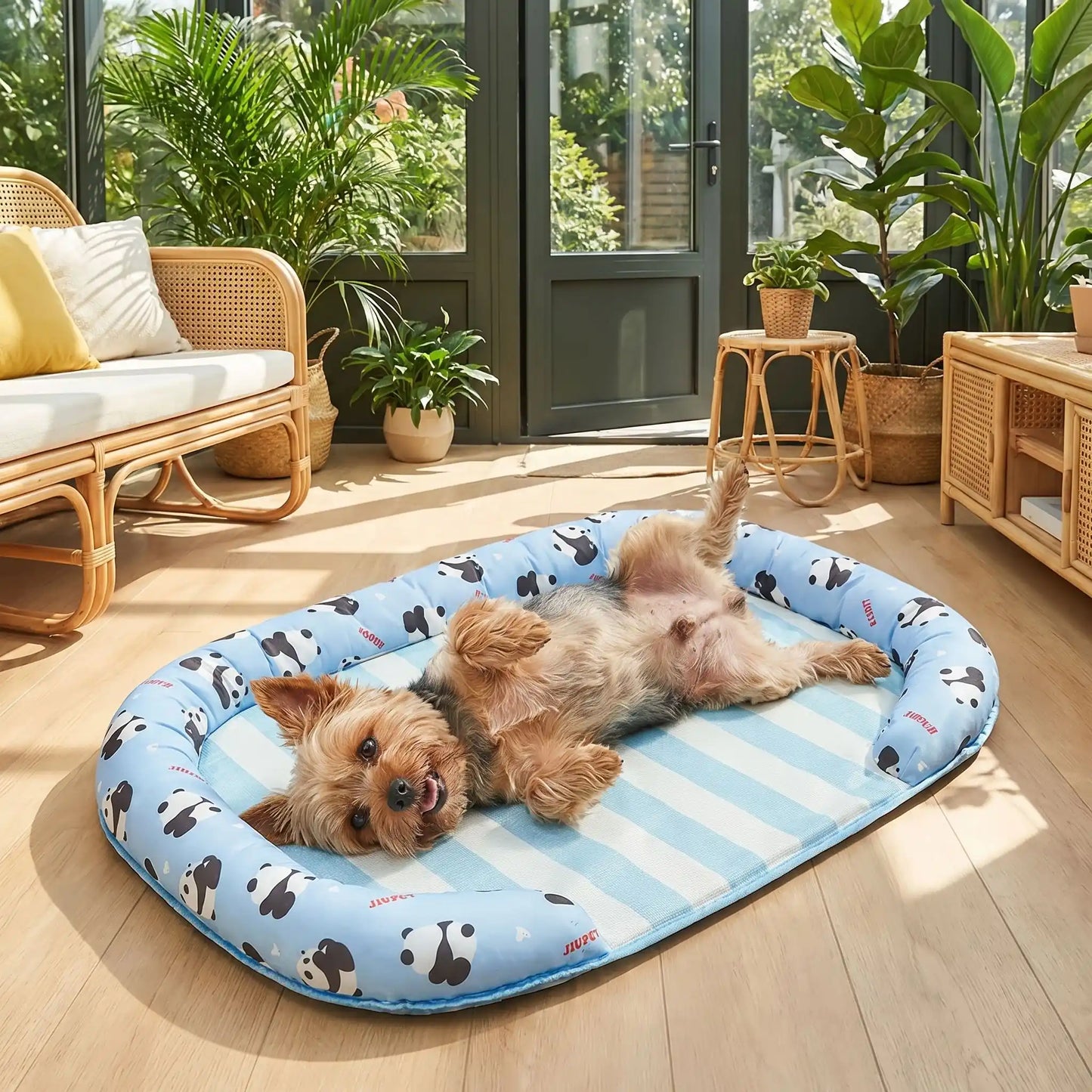 Chien-tapis-rafraichissant-coussin-apaisant avec rebord surélevé en U pour un effet entourant 100% coton haute densité, respirant , lavable et antidérapant, un effet rafraichissant immédiat sans eau ni électricité, sans danger pour les chiens de petites à moyenne tailles-un Yorkshire heureux couché sur le dos et les pattes en l'air au frais sur son tapis rafraichissant, entouré par le traversin rembourré protecteur, dans la véranda de la maison en été