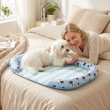 Chien-tapis-rafraichissant-coussin-apaisant avec rebord surélevé en U pour un effet entourant 100% coton haute densité, respirant , lavable et antidérapant, un effet rafraichissant immédiat sans eau ni électricité, sans danger pour les chiens de petites à moyenne tailles-un petit chien couché confortable sur son tapis rafraichissant sur le lit, entouré par le traversin rembourré protecteur, qui donne la patte à sa maitresse allongée à côté de lui qui le caresse avec tendresse dans la chambre en été