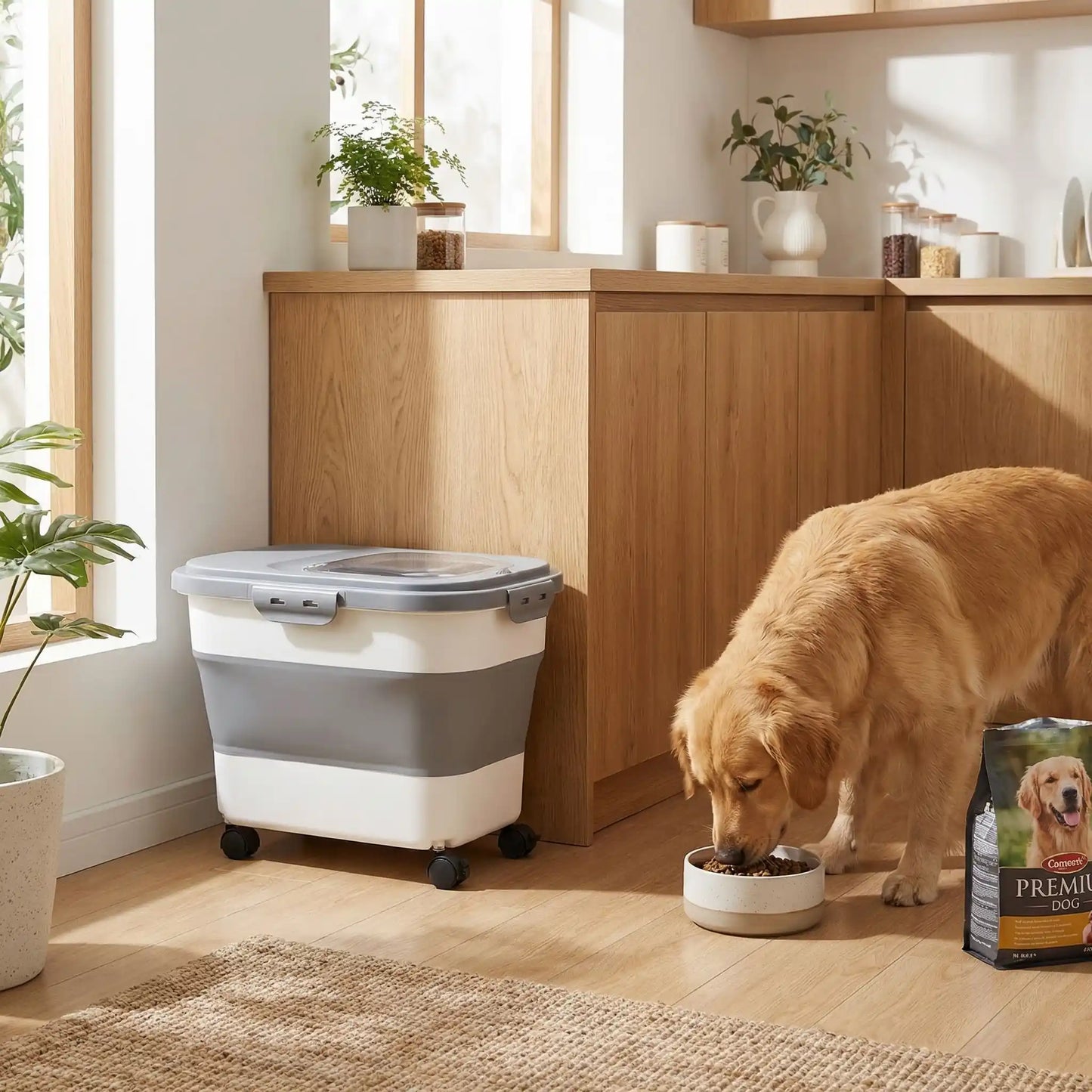 Conteneur-a-croquettes-pour-chien-sur 4 roulettes amovibles, pliable avec fenêtre hermetique de contrôle de niveau- contenance de 10 à 12 kg de croquettes-lavable, résistant, compactable en accordéon, transportable pour protéger la fraicheur et protéger la nourriture des insectes ou nuisible-photo du conteneur gris dans la cuisine avec un chien qui mange dans sa gamelle à côté