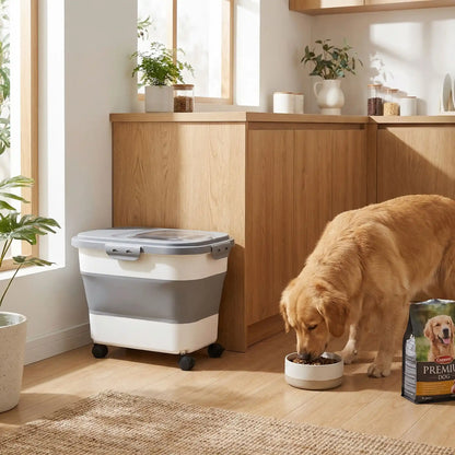 Conteneur-a-croquettes-pour-chien-sur 4 roulettes amovibles, pliable avec fenêtre hermetique de contrôle de niveau- contenance de 10 à 12 kg de croquettes-lavable, résistant, compactable en accordéon, transportable pour protéger la fraicheur et protéger la nourriture des insectes ou nuisible-photo du conteneur gris dans la cuisine avec un chien qui mange dans sa gamelle à côté