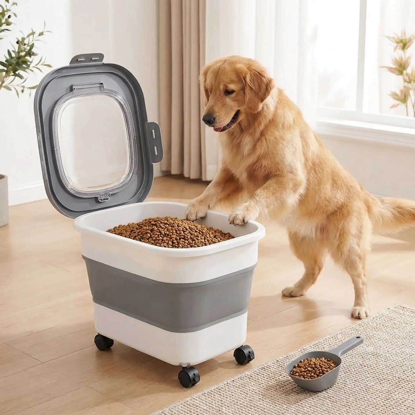 Conteneur-a-croquettes-pour-chien-sur 4 roulettes amovibles, pliable avec fenêtre hermetique de contrôle de niveau-avec sa pelle incluse- contenance de 10 à 12 kg de croquettes-lavable, résistant, compactable en accordéon, transportable pour protéger la fraicheur et protéger la nourriture des insectes ou nuisible- un chien qui monte sur le rebord du conteneur rempli de croquette de couleur gris et blanc dans la cuisine