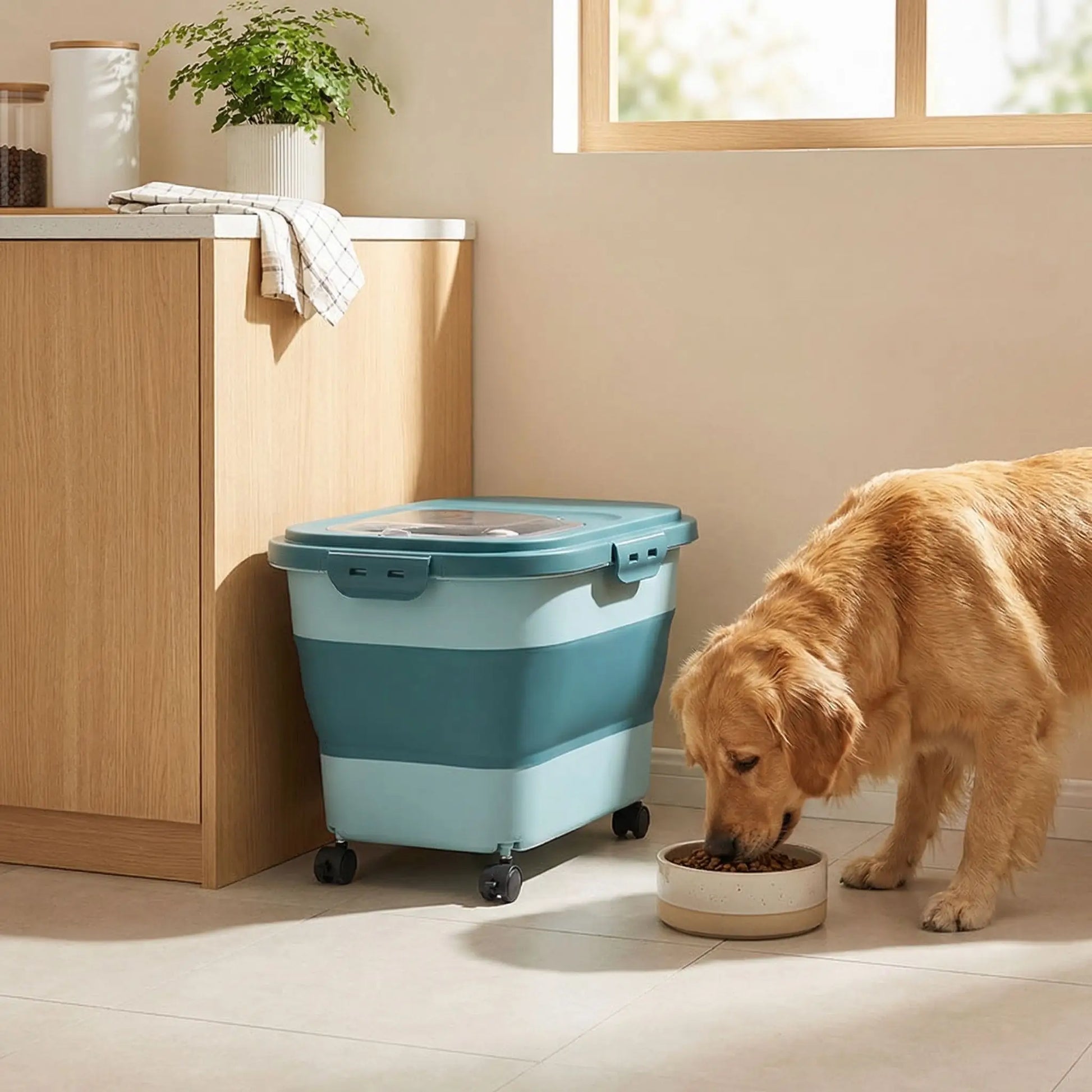 Conteneur-a-croquettes-pour-chien-sur 4 roulettes amovibles, pliable avec fenêtre hermetique de contrôle de niveau- contenance de 10 à 12 kg de croquettes-lavable, résistant, compactable en accordéon, transportable pour protéger la fraicheur et protéger la nourriture des insectes ou nuisible-photo du conteneur bleu turquoise dans la cuisine avec un chien qui mange dans sa gamelle à côté