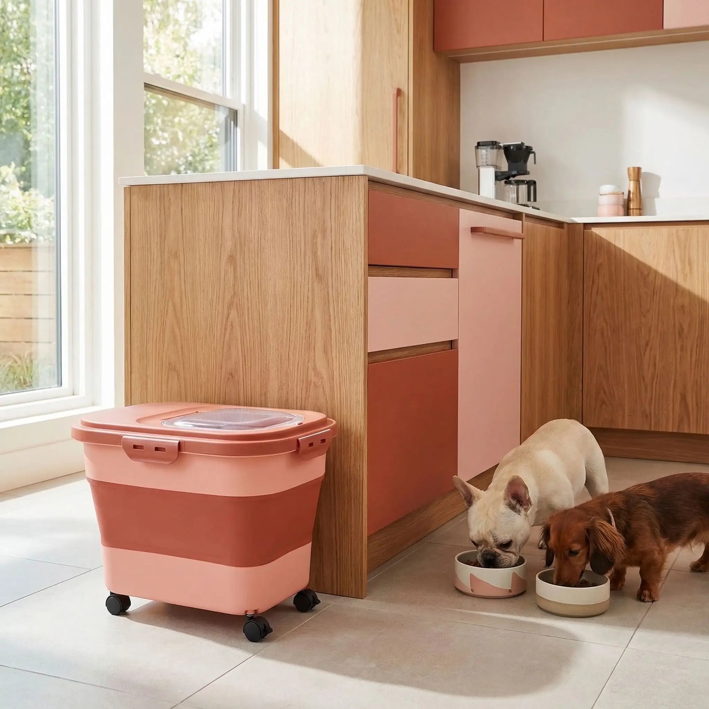 Conteneur-a-croquettes-pour-chien-sur 4 roulettes amovibles, pliable avec fenêtre hermetique de contrôle de niveau- contenance de 10 à 12 kg de croquettes-lavable, résistant, compactable en accordéon, transportable pour protéger la fraicheur et protéger la nourriture des insectes ou nuisible-photo du conteneur rose dans la cuisine avec deux chiens qui mangent dans leur gamelle à côté