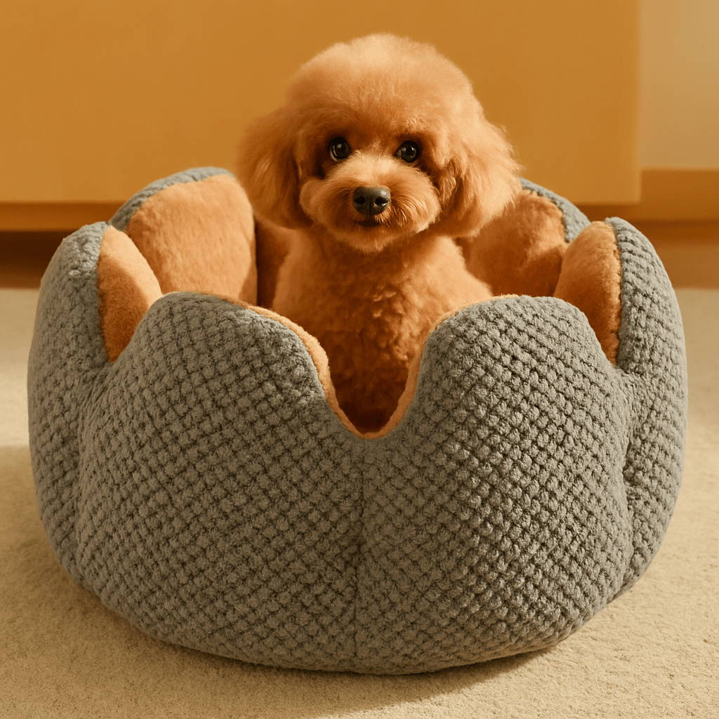 Coussin-anti-stress-chien-anti-anxiété-un chien de taille naine assis dans son lit rond douillet et chaud avec coussin amovible épais rembourré 100% coton haute densité lavable en machine dans le salon de l'appartement