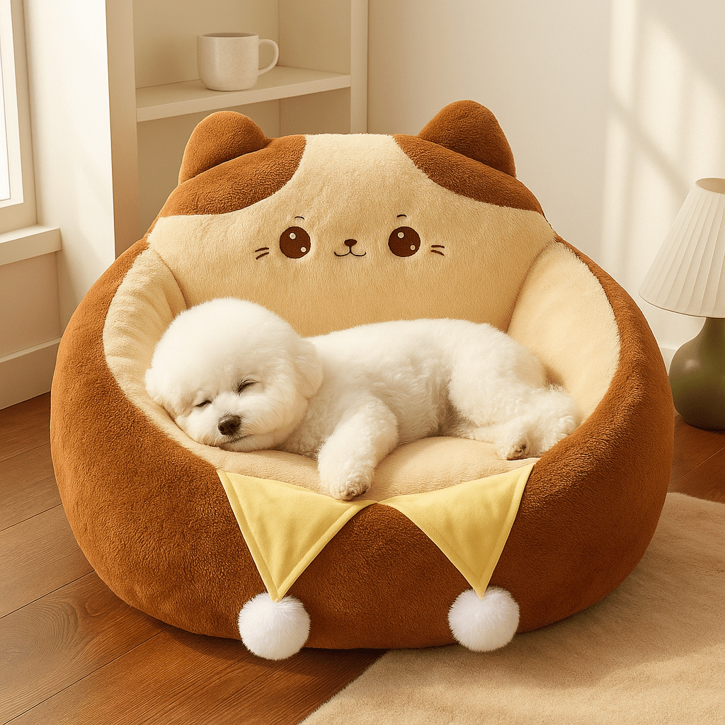 Coussin-anti-stress-chien-chiot-pouf-avec rebord surélevé-design animal mignon-rembourrage 100% coton haute densité et ergonomique marron et beige avec pompon décoratif pour petit chien de 0 à 9 kg-antidérapant-coussin amovible et déhoussable et lavage en machine-isole du sol avec sa hauteur de rebord de 23 cm-entourant et sécurisant-un Bichon frisé qui dort paisiblement sur le flanc de son fauteuil en peluche douce hypoallergénique dans le salon de la maison
