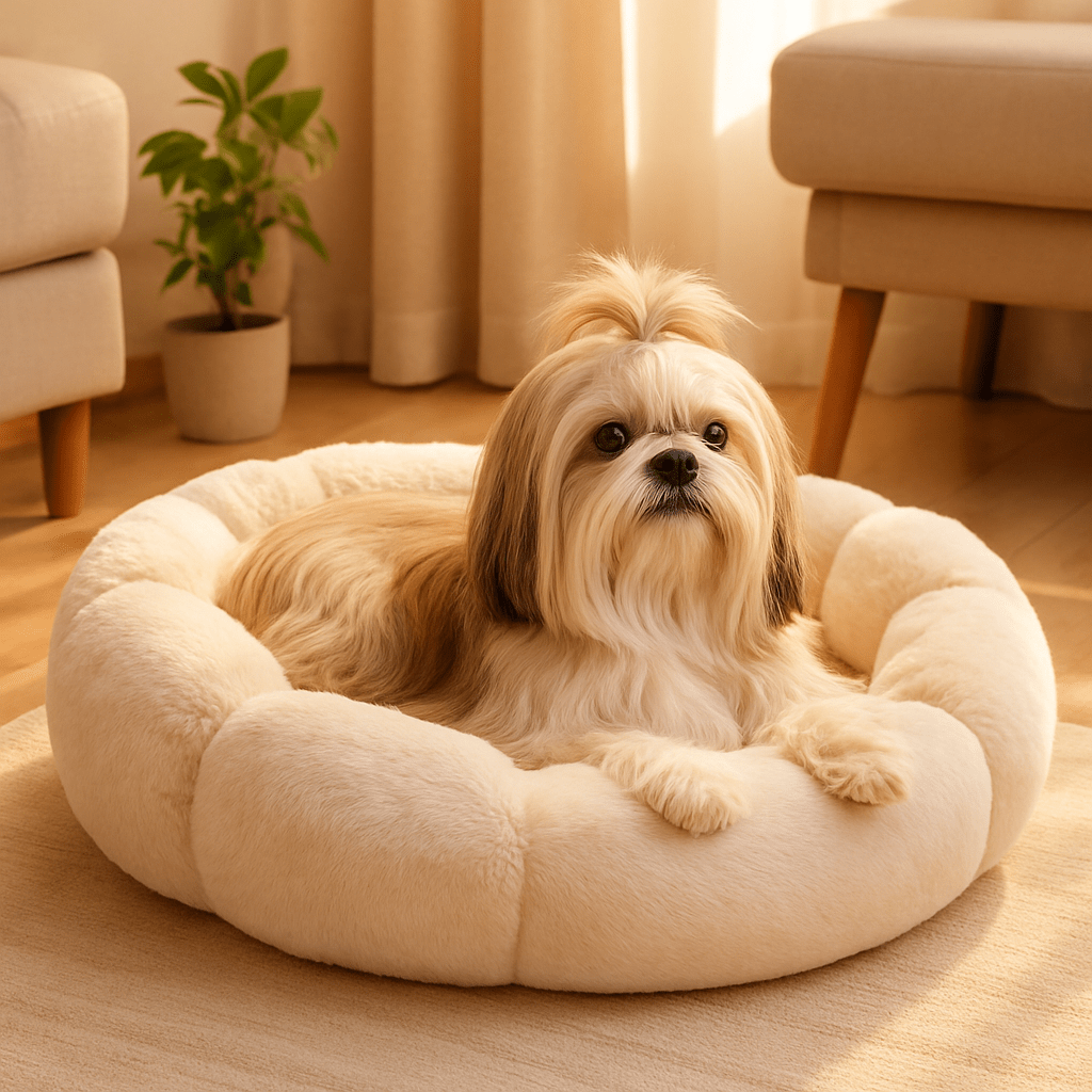 Coussin-anti-stress-chien-antiderapant-forme de fleur-un  Shit Tzu  couché confortablement dans son panier rond anti-anxiété lavable en machine dans le salon dea maison