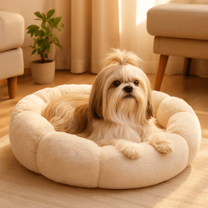 Coussin-anti-stress-chien-antiderapant-forme de fleur-un  Shit Tzu  couché confortablement dans son panier rond anti-anxiété lavable en machine dans le salon dea maison