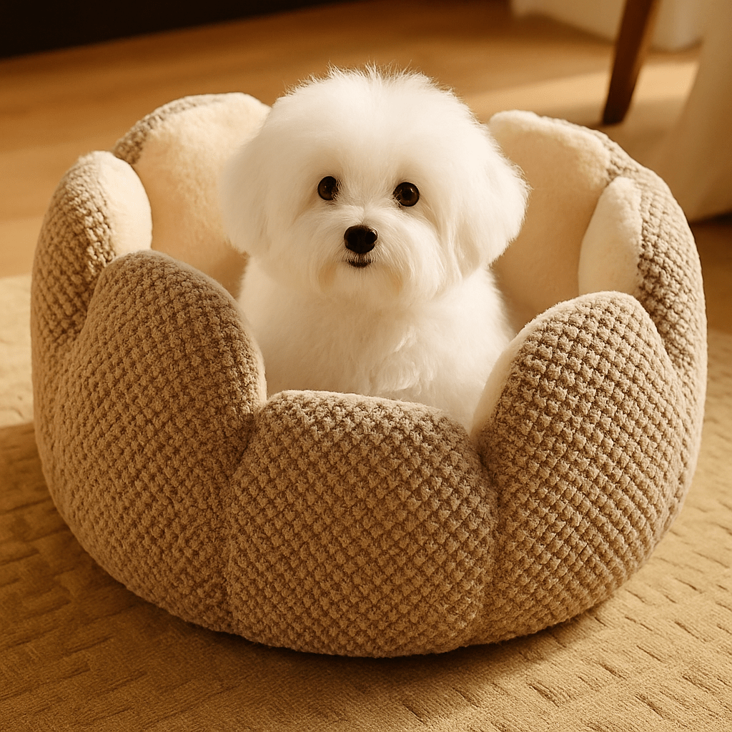 Coussin-anti-stress-chien-apaisant-lavable en machine-épais moelleux au rembourrage 100% coton haute densité avec coussin intérieur réversible hiver et été respirant en coton et chaud en velours de couleur marron dans le salon de l'appartement