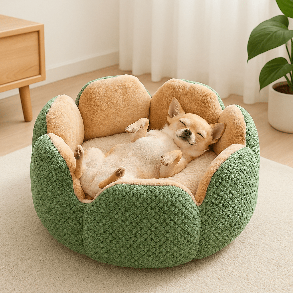 Coussin-anti-stress-chien-chaud-fleur-un chien nain couché sur le dos les pattes en l'air qui dort paisiblement dans son lit rond épais avec son coussin amovible épais 100% coton haute densité lavable en machine dans le salon de l'appartement