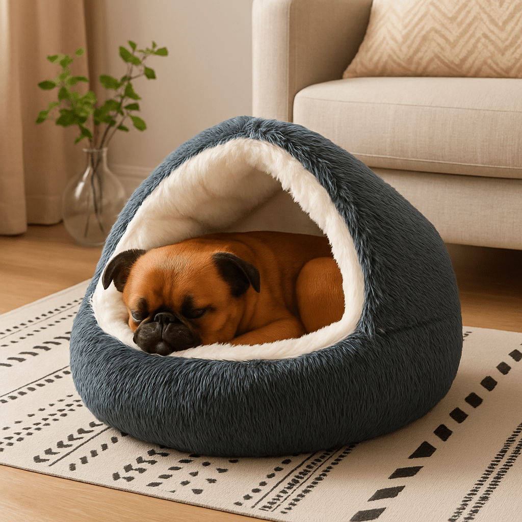 Coussin-anti-stress-chien-niche-ronde-lit rond au design semi-fermé-peluche-antidérapant-imperméable-rembourrage 100% coton haute densité ergonomique-douillet enveloppant-apaisant-avec rebord surélevé 360° sécurisant-lavable en machine-pour chiot et petit chien de 0 à 8 kg-un chien de race naine qui dort paisiblement dans son coussin en forme de niche avec couverture enveloppante sur le dessus cousu, sa tête reposant sur le rebord de l'avant du lit rond de couleur gris dans le salon de l'appartement