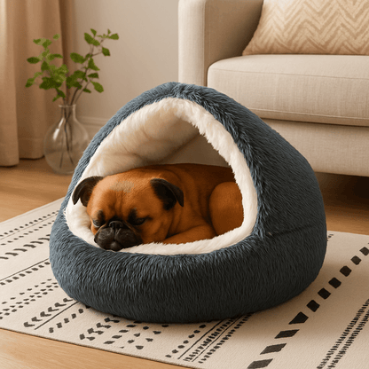 Coussin-anti-stress-chien-niche-ronde-lit rond au design semi-fermé-peluche-antidérapant-imperméable-rembourrage 100% coton haute densité ergonomique-douillet enveloppant-apaisant-avec rebord surélevé 360° sécurisant-lavable en machine-pour chiot et petit chien de 0 à 8 kg-un chien de race naine qui dort paisiblement dans son coussin en forme de niche avec couverture enveloppante sur le dessus cousu, sa tête reposant sur le rebord de l'avant du lit rond de couleur gris dans le salon de l'appartement