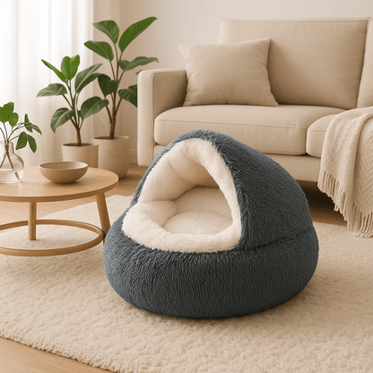 Coussin-anti-stress-chien-niche-ronde-lit rond au design semi-fermé-peluche-antidérapant-imperméable-rembourrage 100% coton haute densité ergonomique-douillet enveloppant-apaisant-avec rebord surélevé 360° sécurisant-lavable en machine-pour chiot et petit chien de 0 à 8 kg-de couleur gris foncé