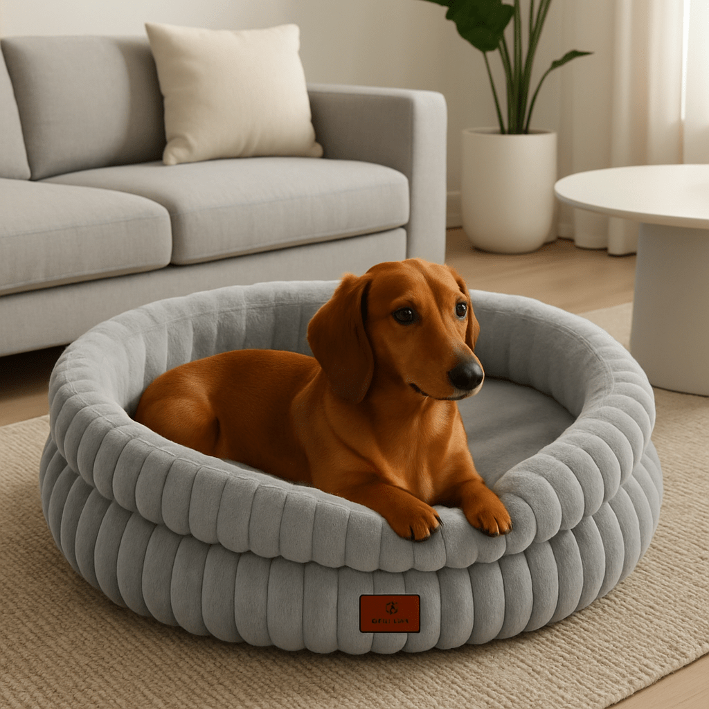 Coussin-anti-stress-chien-avec-oreiller intérieur amovible-rembourrage 100% coton haute densité ergonomique-velours côtelé résistant aux griffes-antidérapant-rond de couleur gris pour chien de petite taille et race naine de 0 à 5 kg-un chien de taille miniature couché au chaud confortablement dans son panier avec rebord haut rond chaud et douillet dans le salon de l'appartement