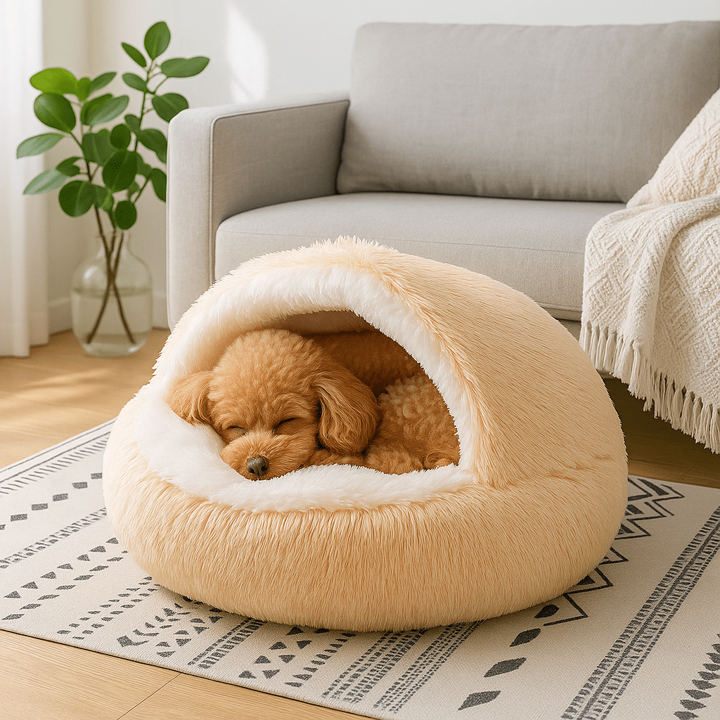 Coussin-anti-stress-chien-niche-ronde-lit rond au design semi-fermé-peluche-antidérapant-imperméable-rembourrage 100% coton haute densité ergonomique-douillet enveloppant-apaisant-avec rebord surélevé 360° sécurisant-lavable en machine-pour chiot et petit chien de 0 à 8 kg-un chien de race Toy qui dort paisiblement dans son coussin en forme de niche avec couverture enveloppante sur le dessus cousu, sa tête reposant sur le rebord de l'avant du lit rond de couleur rose dans le salon de la maison