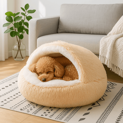 Coussin-anti-stress-chien-niche-ronde-lit rond au design semi-fermé-peluche-antidérapant-imperméable-rembourrage 100% coton haute densité ergonomique-douillet enveloppant-apaisant-avec rebord surélevé 360° sécurisant-lavable en machine-pour chiot et petit chien de 0 à 8 kg-un chien de race Toy qui dort paisiblement dans son coussin en forme de niche avec couverture enveloppante sur le dessus cousu, sa tête reposant sur le rebord de l'avant du lit rond de couleur rose dans le salon de la maison