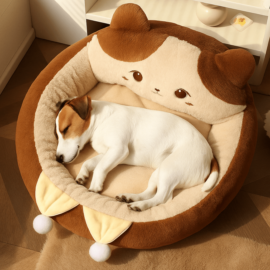Coussin-anti-stress-chien-chiot-pouf-avec rebord surélevé-design animal mignon-rembourrage 100% coton haute densité et ergonomique marron et beige avec pompon décoratif pour petit chien de 0 à 9 kg-antidérapant-coussin amovible et déhoussable et lavage en machine-isole du sol avec sa hauteur de rebord de 23 cm-entourant et sécurisant-un petit chien qui dort paisiblement en boule contre le rebord surélevé 360° de son pouf en peluche douce hypoallergénique dans le salon l'appartement