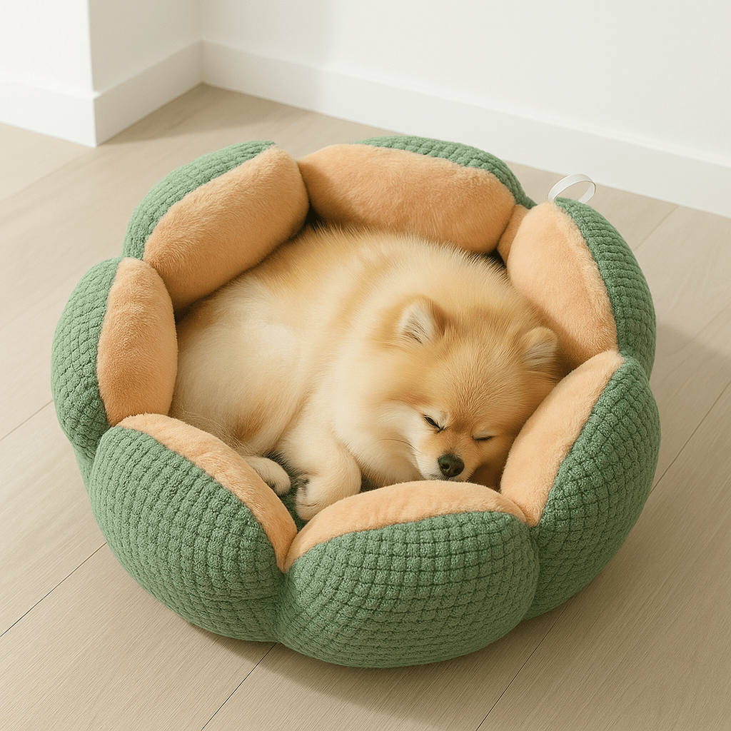 Coussin-anti-stress-chien-couchage-un Loulou de poméranie couché en boule dans son lit rond épais avec coussin au rembourrage 100% coton haute densité lavable en machine en forme de fleur avec rebords surélevés en forme de pétale dans le salon de l'appartement pour chiot et chien de petite taille