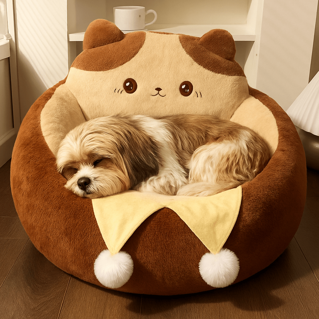 Coussin-anti-stress-chien-chiot-pouf-avec rebord surélevé-design animal mignon-rembourrage 100% coton haute densité et ergonomique marron et beige avec pompon décoratif pour petit chien de 0 à 9 kg-antidérapant-coussin amovible et déhoussable et lavage en machine-isole du sol avec sa hauteur de rebord de 23 cm-entourant et sécurisant-un petit chien à poils longs qui dort paisiblement sa tête reposant sur le rebord surélevé de son pouf en peluche douce hypoallergénique dans la cuisine de l'appartement