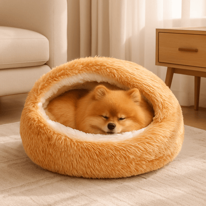 Coussin-anti-stress-chien-niche-ronde-lit rond au design semi-fermé-peluche-antidérapant-imperméable-rembourrage 100% coton haute densité ergonomique-douillet enveloppant-apaisant-avec rebord surélevé 360° sécurisant-lavable en machine-pour chiot et petit chien de 0 à 8 kg-un petit chien qui dort paisiblement dans son coussin en forme de niche avec couverture enveloppante sur le dessus cousu, sa tête reposant sur le rebord de l'avant du lit rond de couleur orange dans le salon de l'appartement