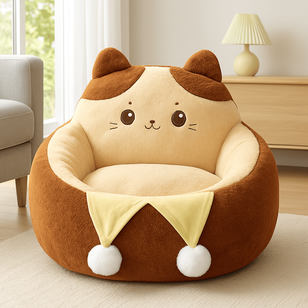 Coussin-anti-stress-chien-chiot-pouf-avec rebord surélevé-design animal mignon-rembourrage 100% coton haute densité et ergonomique marron et beige avec pompon décoratif pour petit chien de 0 à 9 kg-antidérapant-coussin amovible et déhoussable et lavage en machine-isole du sol avec sa hauteur de rebord de 23 cm-entourant et sécurisant-lit en peluche douce hypoallergénique et ergonomique