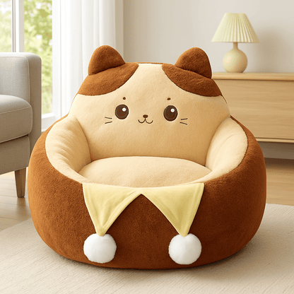 Coussin-anti-stress-chien-chiot-pouf-avec rebord surélevé-design animal mignon-rembourrage 100% coton haute densité et ergonomique marron et beige avec pompon décoratif pour petit chien de 0 à 9 kg-antidérapant-coussin amovible et déhoussable et lavage en machine-isole du sol avec sa hauteur de rebord de 23 cm-entourant et sécurisant-lit en peluche douce hypoallergénique et ergonomique