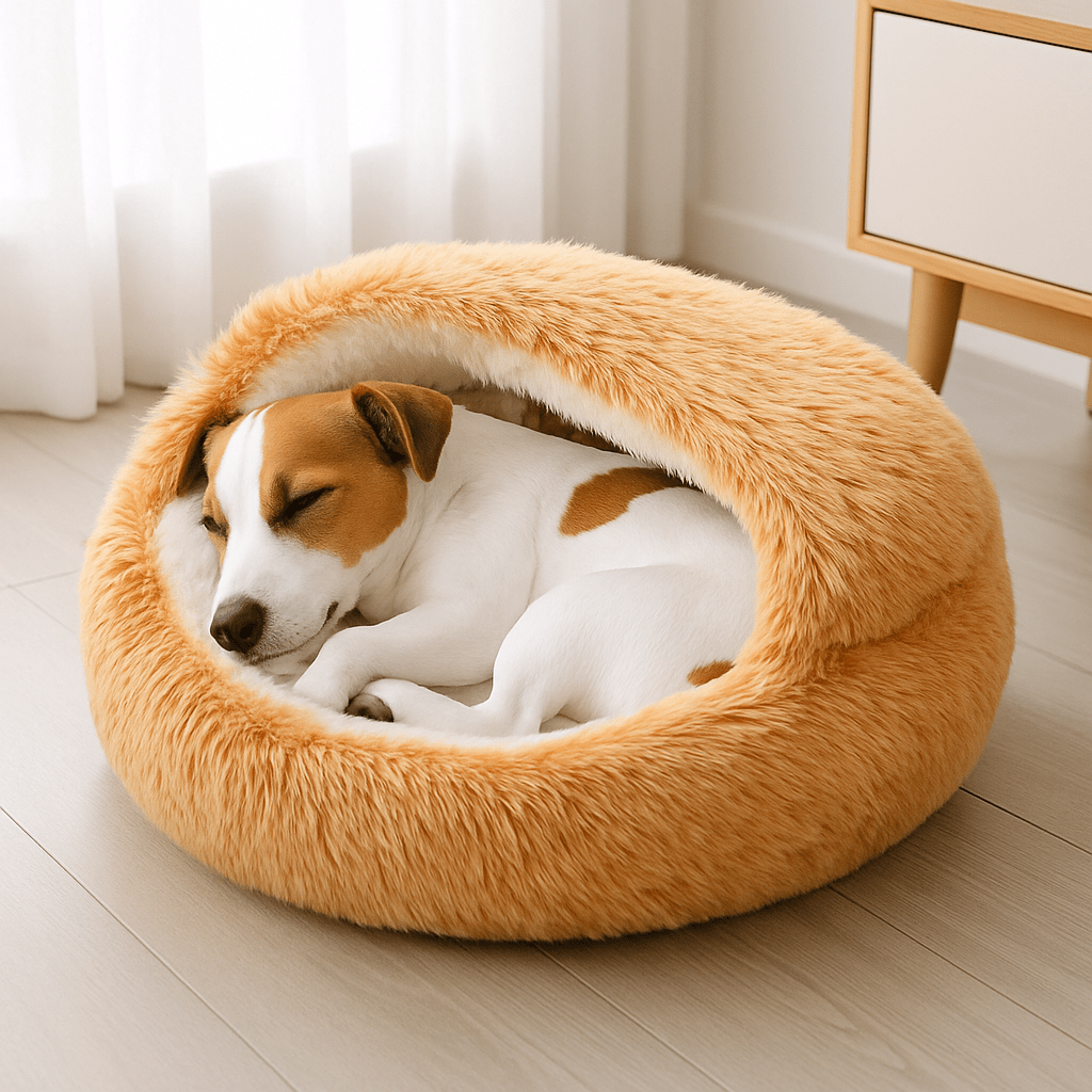 Coussin-anti-stress-chien-niche-ronde-lit rond au design semi-fermé-peluche-antidérapant-imperméable-rembourrage 100% coton haute densité ergonomique-douillet enveloppant-apaisant-avec rebord surélevé 360° sécurisant-lavable en machine-pour chiot et petit chien de 0 à 8 kg-un chien de petite taille qui dort paisiblement dans son coussin en forme de niche avec couverture enveloppante sur le dessus cousu, sa tête reposant sur le rebord de l'avant du lit rond de couleur rouille dans le salon de l'appartement