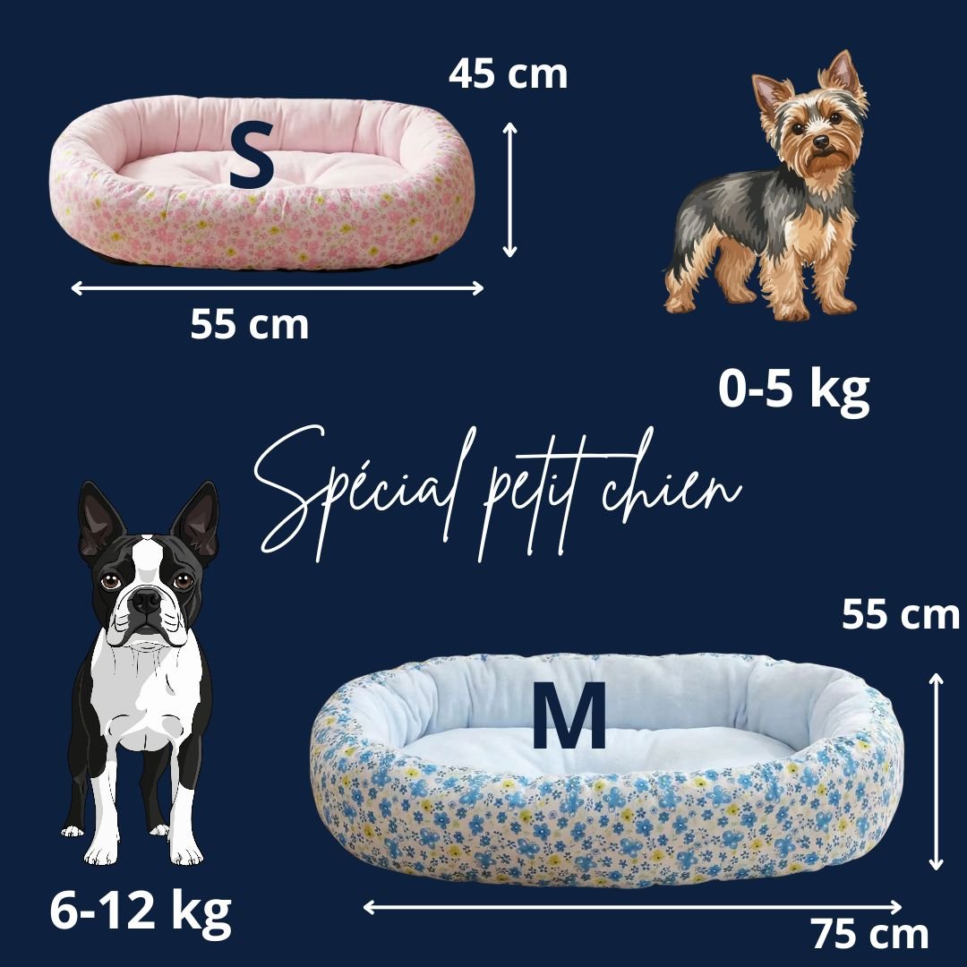 Coussin-anti-stress-chien-motif-floral-apaisant de forme ovale avec rebord surélevé à 360° pour un effet anti anxiété- ergonomique rembourrage et tissu 100% coton haute densité écologique et hypoallergénique-design pastel avec fleur délicates-lavable en machine et antidérapant pour chien de petite taille de 0 à 12 kilosguide et dimensions détaillées en photo et illustrations avec correspondance du poids du chien de la ta&ille S et M pour chien de 0 à 5 kg et chien ou chiot de 6 à 12 kg max