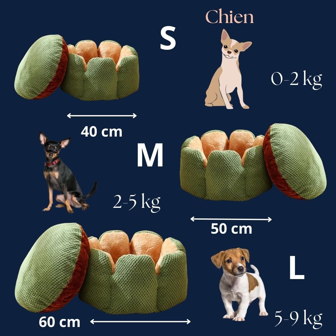 Coussin-anti-stress-chien-guide-des-tailles-pour chiot et chien de petite taille-3 ailles disponibles S, M et L pour chien de 0 à 9 kg max-dimensions détaillées avec correspondance de poids des chiens 