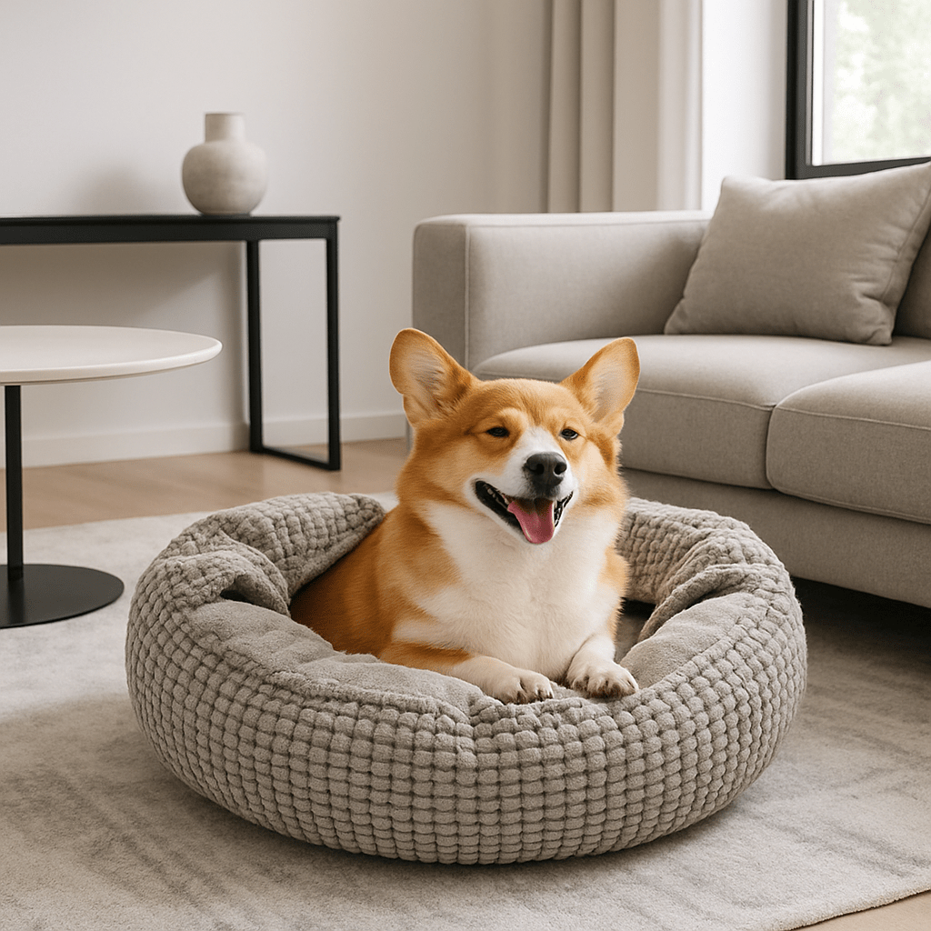Coussin-anti-stress-chien-lavable-couverture-antidérapant-rembourrage 100% coton haute densité ergonomique et anti-anxiété pour chien-un chien de taille moyenne couché, détendu et tout heureux dans son lit rond gris dans le salon moderne et cosy de la maison 