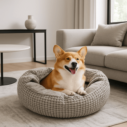 Coussin-anti-stress-chien-lavable-couverture-antidérapant-rembourrage 100% coton haute densité ergonomique et anti-anxiété pour chien-un chien de taille moyenne couché, détendu et tout heureux dans son lit rond gris dans le salon moderne et cosy de la maison 
