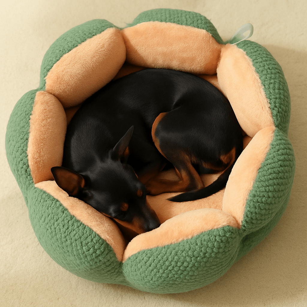 Coussin-anti-stress-chien-lavable-panier-un chien nain couché en boule dans le lit rond avec coussin amovible 100% coton haute densité et velours en forme de fleur lavable en machine