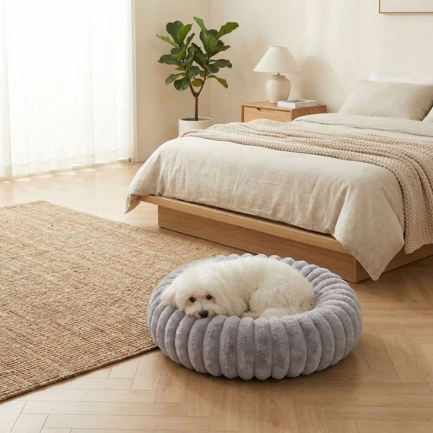 Coussin-anti-stress-chien-chiot-cocon-antiderapant, rembourrage 100% coton haute densité, housse en velours doux et hypoallergénique,lavable en machine, lit rond en forme de donut avec rembord surélevé entourant à 360° en peluche douce et disponible en 4 tailles du XS au XL pour chien de petite à grande taille-un petit chien qui dort niché dans son coussin rond de taille M, apaisant et chaud ergonomique au rembourrage 100% coton haute densité dans la chambre de la maison