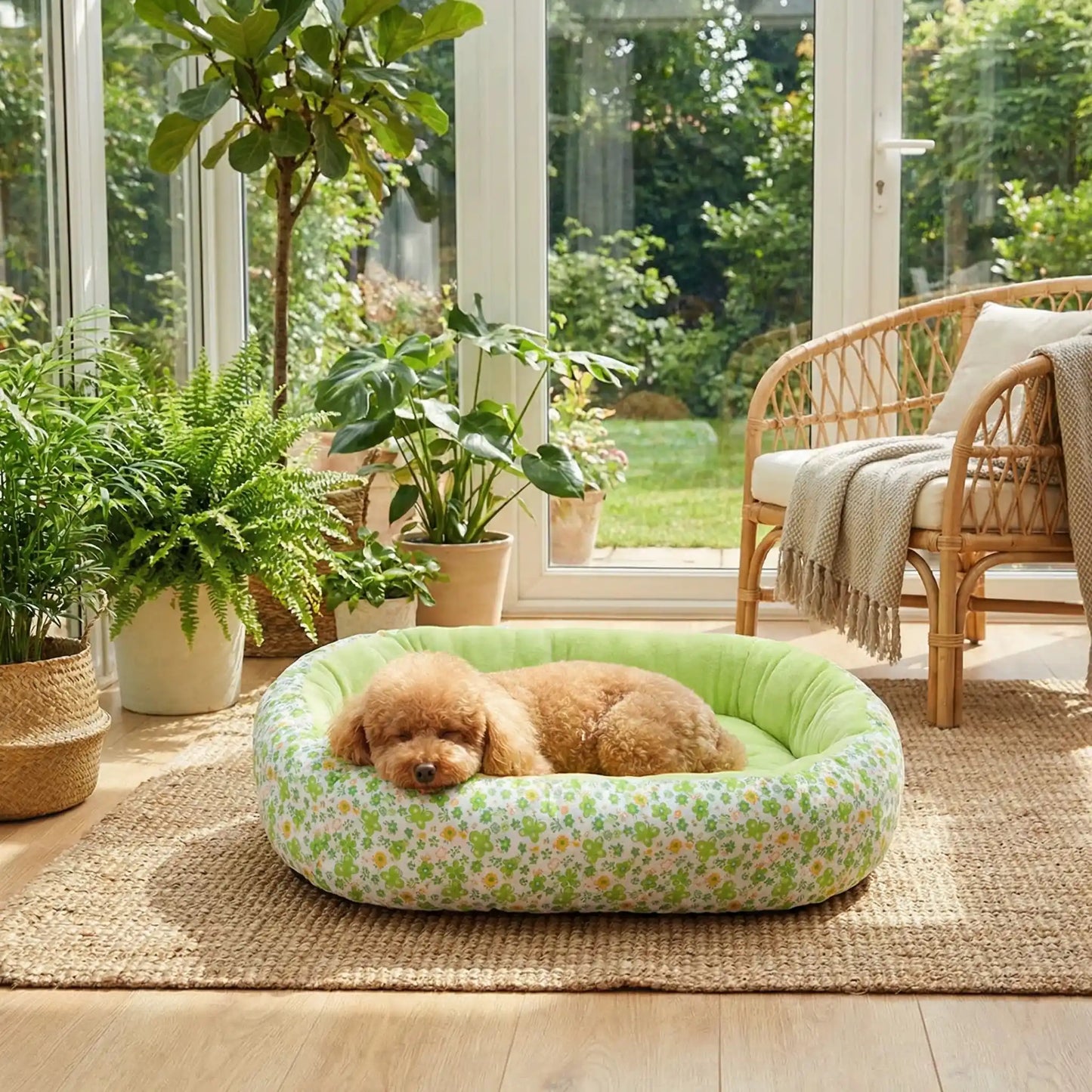 Coussin-anti-stress-chien-motif-floral-apaisant de forme ovale avec rebord surélevé à 360° pour un effet anti anxiété- ergonomique rembourrage et tissu 100% coton haute densité écologique et hypoallergénique-design pastel avec fleur délicates-lavable en machine et antidérapant pour chien de petite taille de 0 à 12 kilos-un  caniche qui dort paisiblement niché dans le coussin en forme de beignet moelleux,chaud et respirant, matériau écoresponsable de couleur vert dans la véranda de la maison