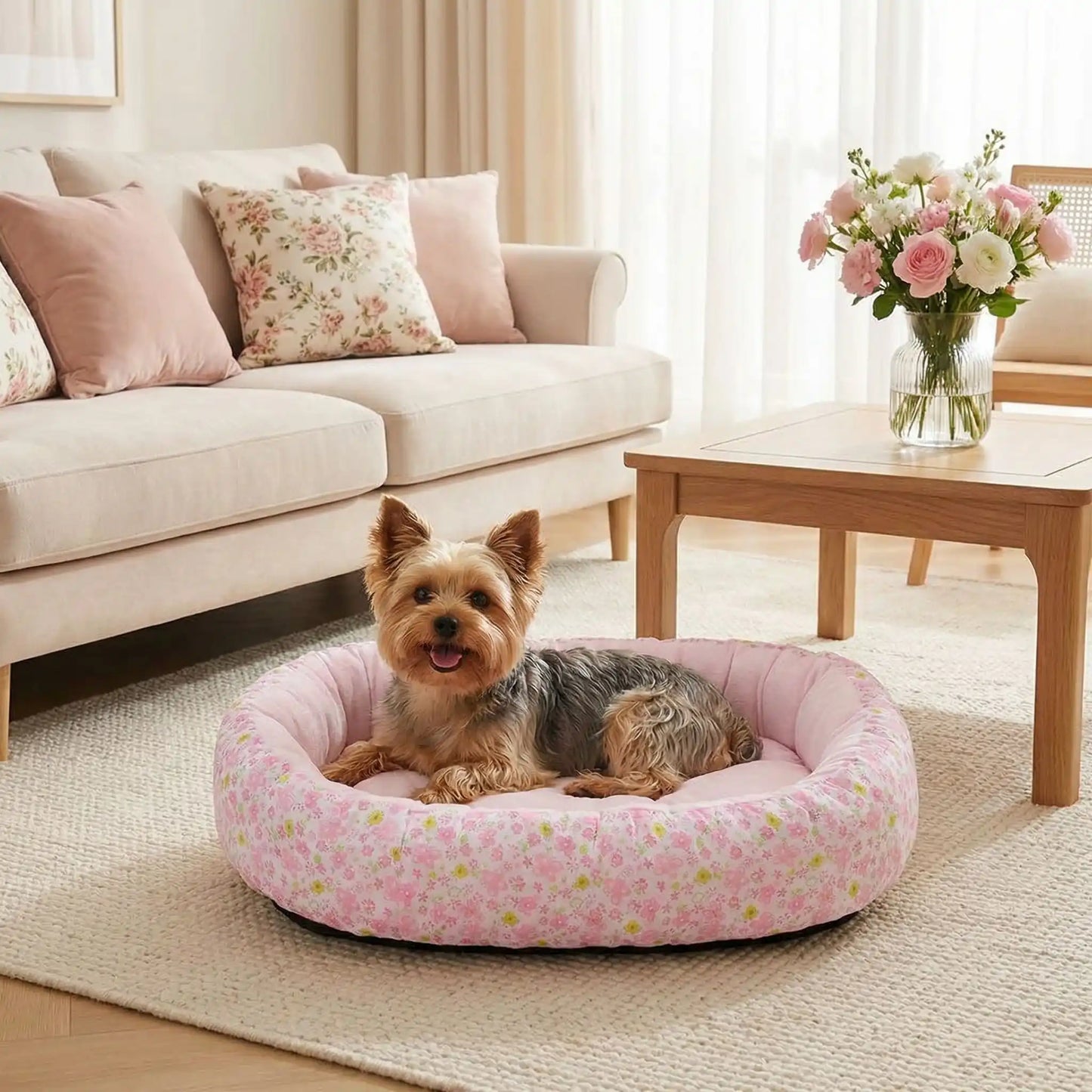 Coussin-anti-stress-chien-motif-floral-apaisant de forme ovale avec rebord surélevé à 360° pour un effet anti anxiété- ergonomique rembourrage et tissu 100% coton haute densité écologique et hypoallergénique-design pastel avec fleur délicates-lavable en machine et antidérapant pour chien de petite taille de 0 à 12 kilos-un chien de petite taille heureux couché confortablement dans le coussin en forme de beignet moelleux,chaud et respirant, matériau écoresponsable de couleur rose dans le salon 