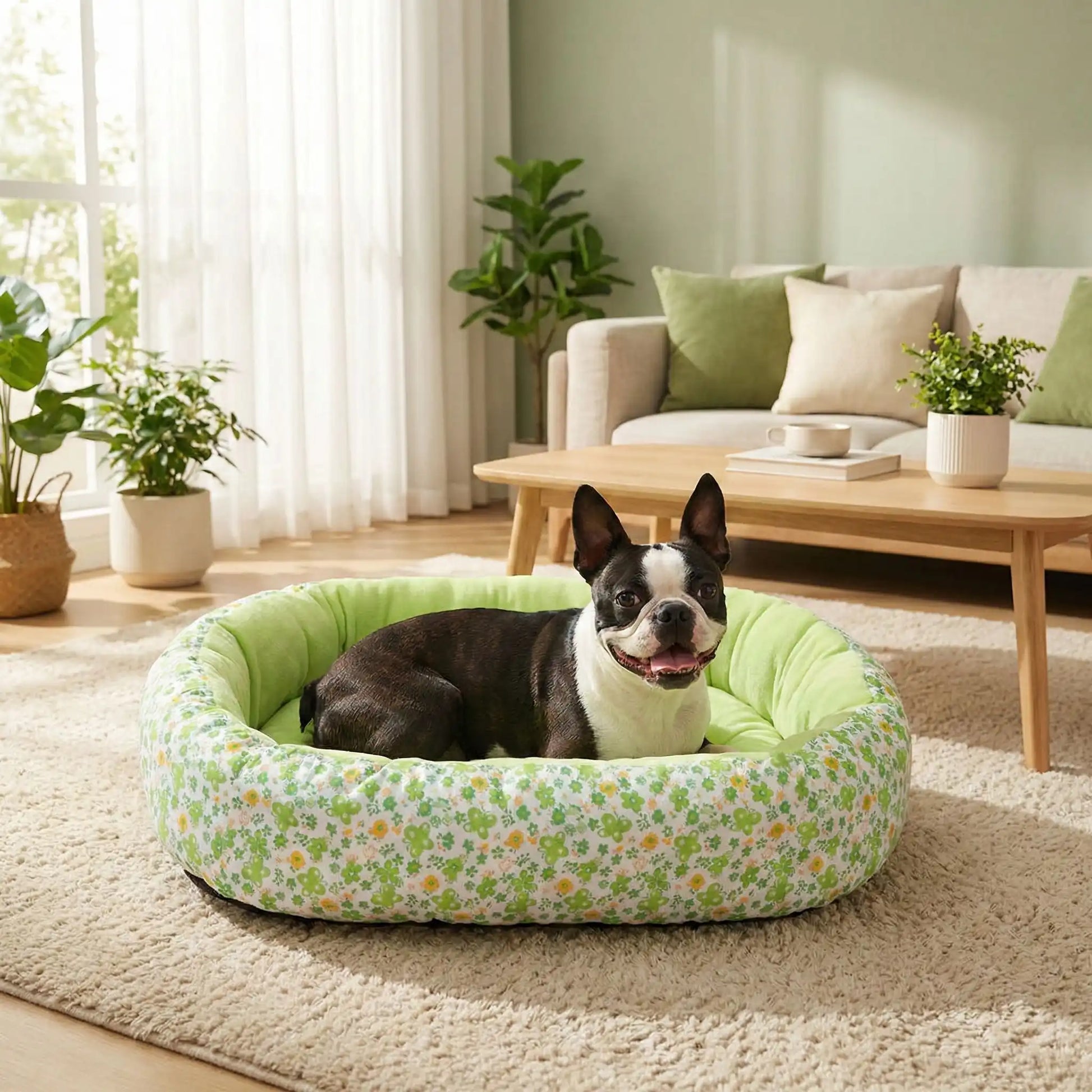 Coussin-anti-stress-chien-motif-floral-apaisant de forme ovale avec rebord surélevé à 360° pour un effet anti anxiété- ergonomique rembourrage et tissu 100% coton haute densité écologique et hypoallergénique-design pastel avec fleur délicates-lavable en machine et antidérapant pour chien de petite taille de 0 à 12 kilos-un chien de petite race heureux couché confortablement dans le coussin en forme de beignet moelleux,chaud et respirant, matériau écoresponsable de couleur vert dans le salon de l'appartement