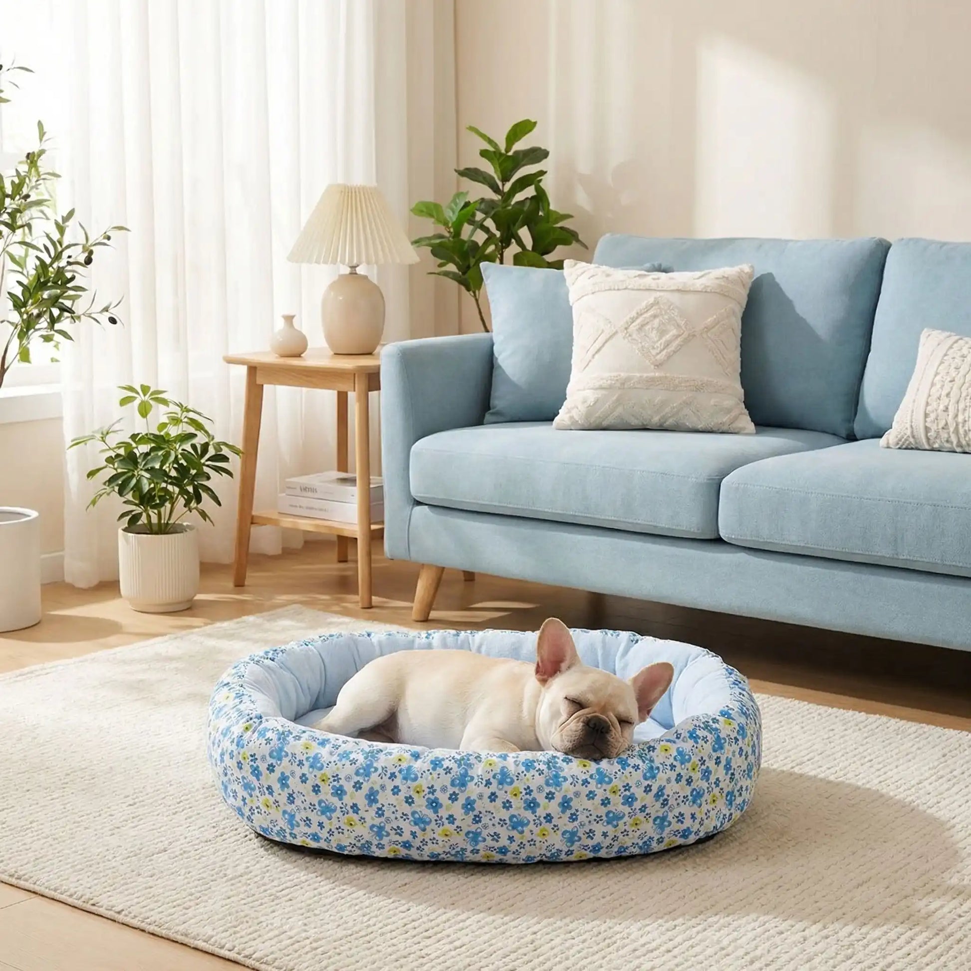Coussin-anti-stress-chien-motif-floral-apaisant de forme ovale avec rebord surélevé à 360° pour un effet anti anxiété- ergonomique rembourrage et tissu 100% coton haute densité écologique et hypoallergénique-design pastel avec fleur délicates-lavable en machine et antidérapant pour chien de petite taille de 0 à 12 kilos-un chien de taille moyenne qui dort paisiblement dans le coussin la tête reposant sur le rebord en forme de beignet moelleux,chaud et respirant, matériau écoresponsable dans le salon 