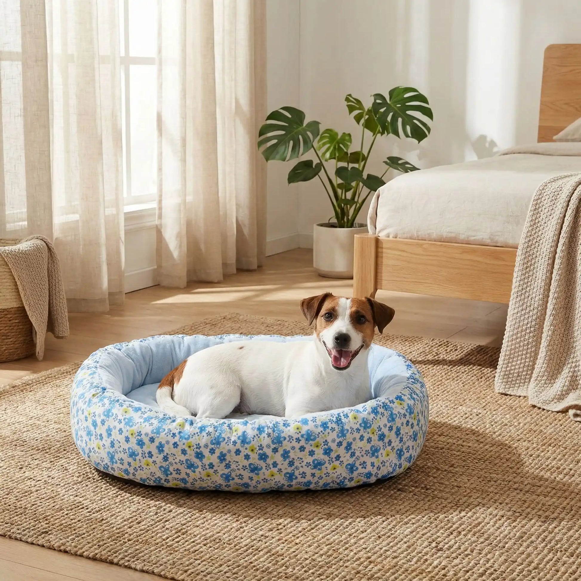Coussin-anti-stress-chien-motif-floral-apaisant de forme ovale avec rebord surélevé à 360° pour un effet anti anxiété- ergonomique rembourrage et tissu 100% coton haute densité écologique et hypoallergénique-design pastel avec fleur délicates-lavable en machine et antidérapant pour chien de petite taille de 0 à 12 kilos-un petit chien heureux couché confortablement dans le coussin en forme de beignet moelleux,chaud et respirant, matériau écoresponsable de couleur bleu dans la chambre de la maison