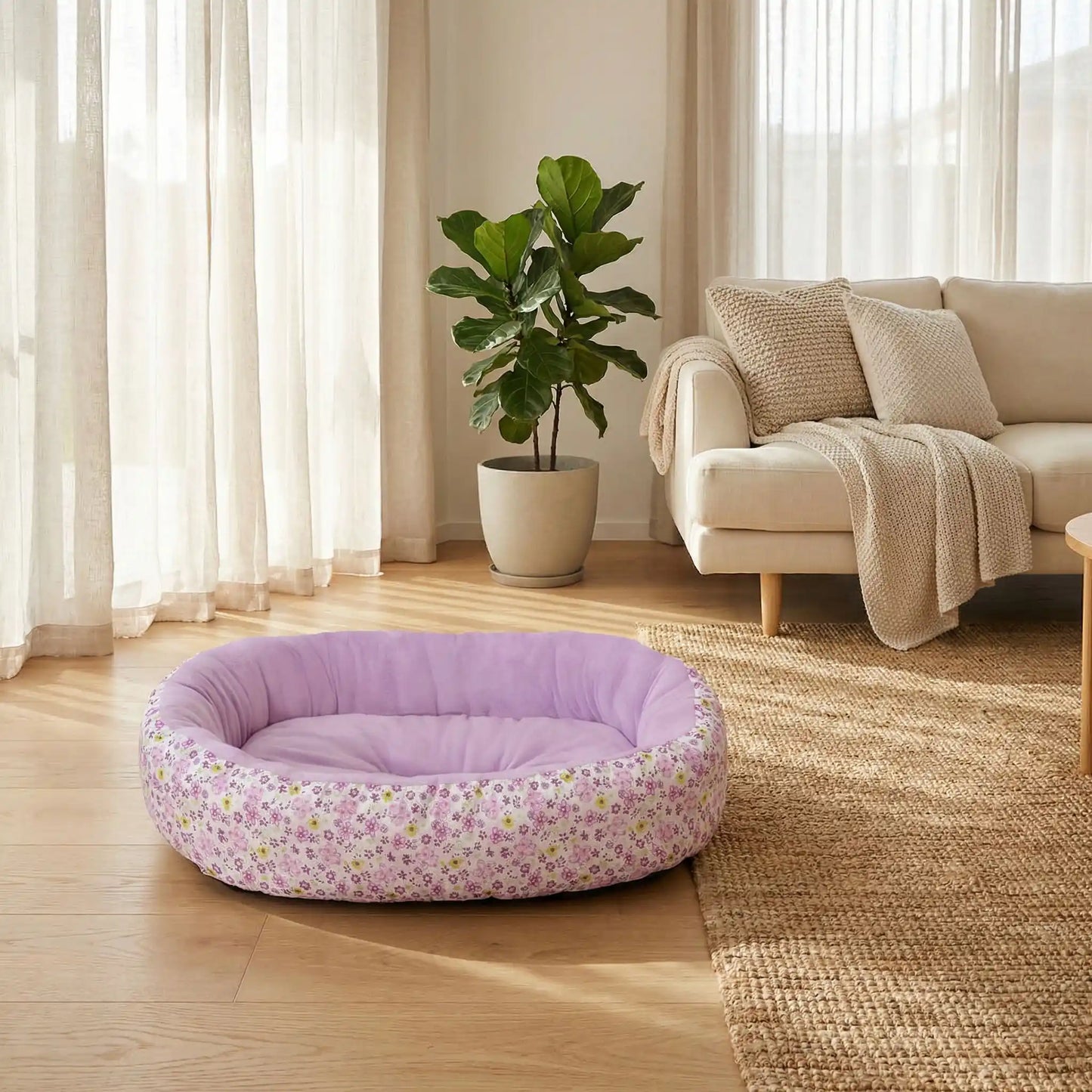 Coussin-anti-stress-chien-motif-floral-apaisant de forme ovale avec rebord surélevé à 360° pour un effet anti anxiété- ergonomique rembourrage et tissu 100% coton haute densité écologique et hypoallergénique-design pastel avec fleur délicates-lavable en machine et antidérapant pour chien de petite taille de 0 à 12 kilos-de couleur violet, durable et résistant aux griffes en deux taille S et M